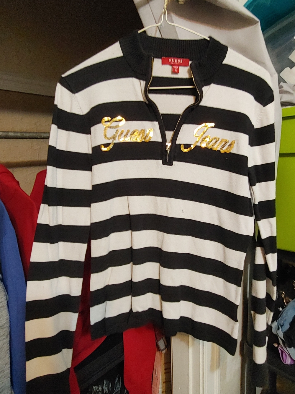 Guess Black and White Striped Long Sleeve Pullover with Gold Logo